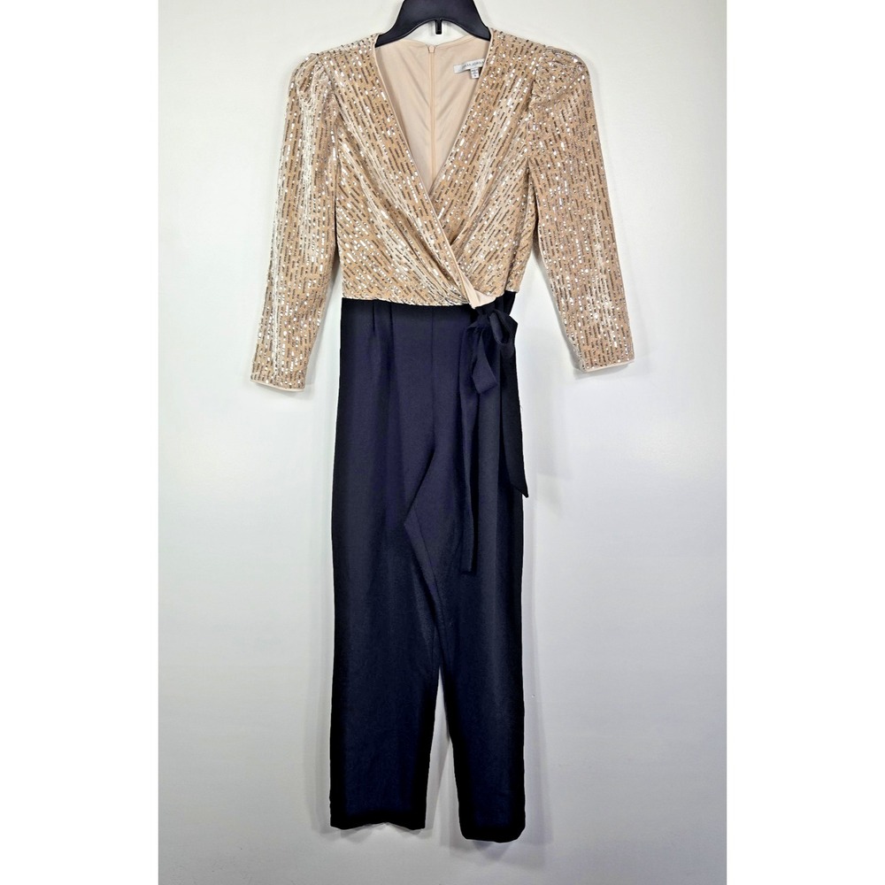 Julia Jordan Womens 6 Jumpsuit Sequins V Neck Top Black Trousers